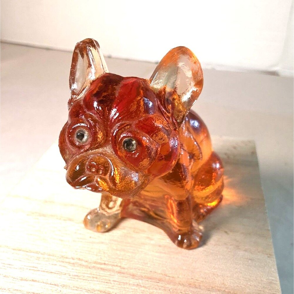 Vintage Westmoreland Orange/Amber glass French Bulldog with Rhinestone eyes